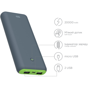 Портативна батарея ERGO LI-S90, 20000 mAh Li-ion Rubber Grey Портативна батарея ERGO LI-S90, 20000 mAh Li-ion Rubber Grey