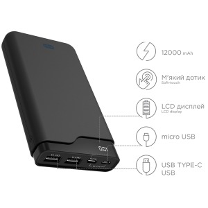 Портативна батарея ERGO LI-U6 TYPE-C, 12000 mAh Rubber Black Портативна батарея ERGO LI-U6 TYPE-C, 12000 mAh Rubber Black
